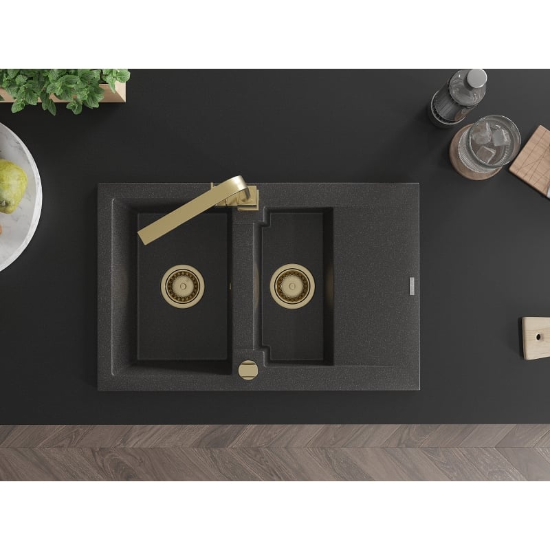 Mexen Gaspar granite sink 1.5-bowl with drainer and kitchen faucet Rita, black speckled - 6507-76-670300-50