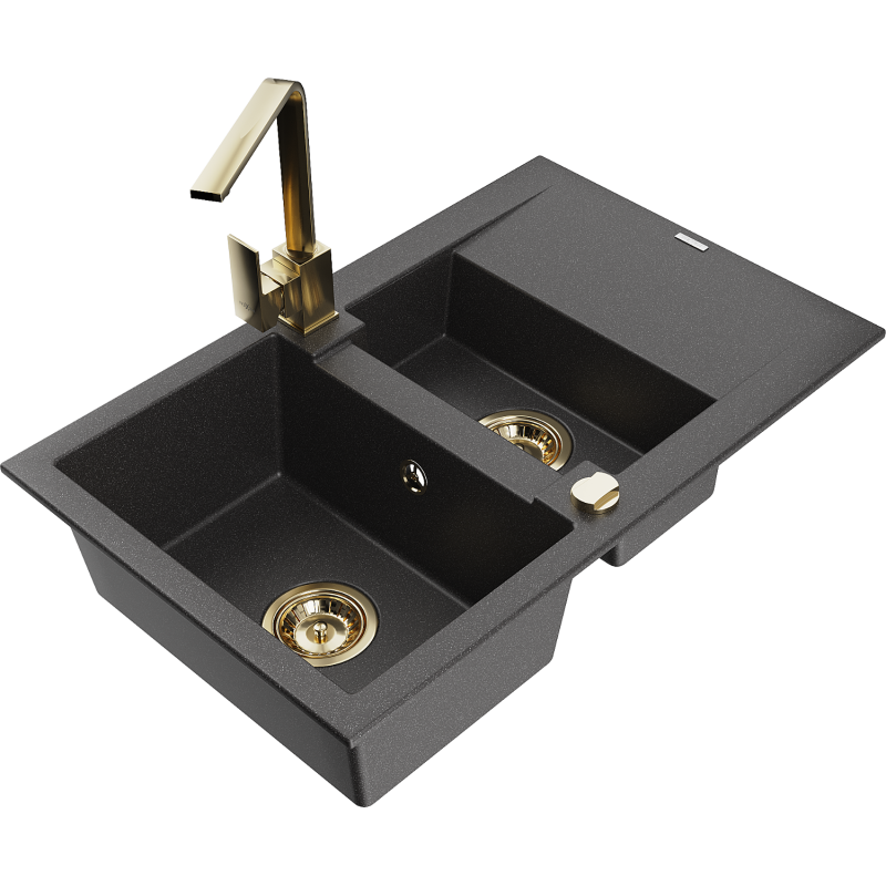 Mexen Gaspar 1.5-compartment granite sink with a drip tray and kitchen mixer tap Rita, spotted black - 6507-76-670300-50