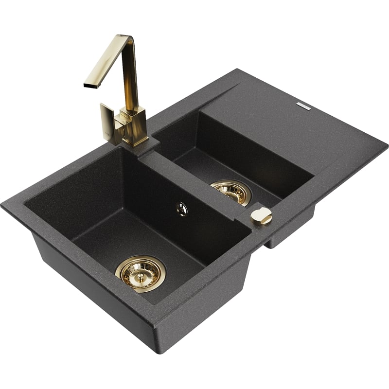 Mexen Gaspar granite sink 1.5-bowl with drainer and kitchen faucet Rita, black speckled - 6507-76-670300-50