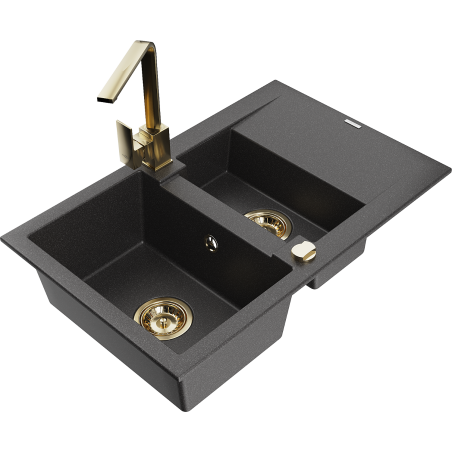 Mexen Gaspar granite sink 1.5-bowl with drainer and kitchen faucet Rita, black speckled - 6507-76-670300-50