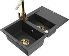 Mexen Gaspar granite sink 1.5-bowl with drainer and kitchen faucet Rita, black speckled - 6507-76-670300-50