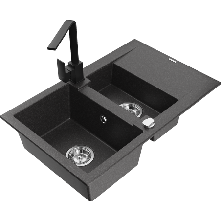Mexen Gaspar granit sink 1.5-bowl with drainer and kitchen faucet Rita, black speckled - 6507-76-670300-70