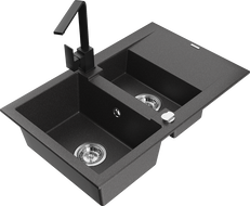 Mexen Gaspar granite sink 1.5-bowl with drainer and Rita kitchen tap, black speckled - 6507-76-670300-70