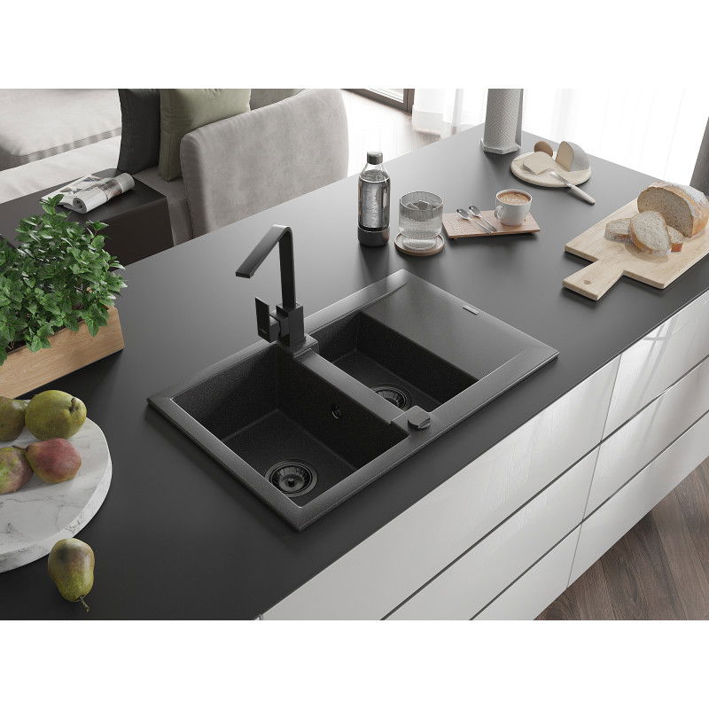 Mexen Gaspar granite sink 1.5-bowl with drainer and Rita kitchen tap, black speckled - 6507-76-670300-70-B