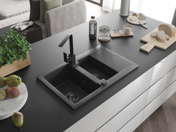 Mexen Gaspar granite sink 1.5-bowl with drainer and Rita kitchen tap, black speckled - 6507-76-670300-70-B