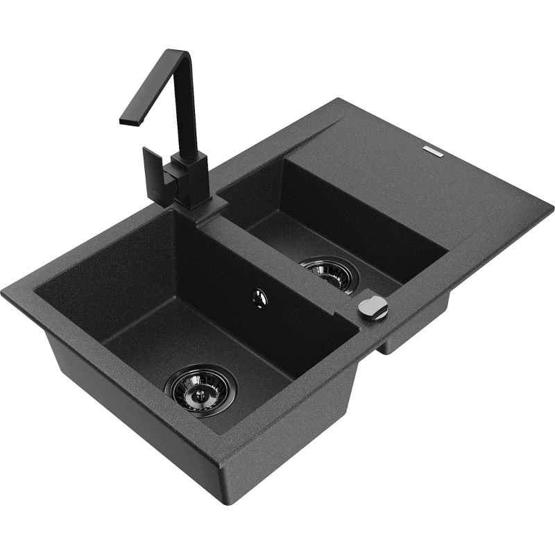 Mexen Gaspar granite sink 1.5-bowl with drainer and Rita kitchen tap, black speckled - 6507-76-670300-70-B