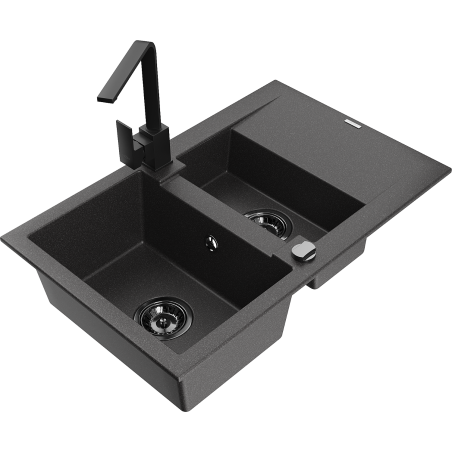 Mexen Gaspar granite sink 1.5-bowl with drainer and Rita kitchen tap, black speckled - 6507-76-670300-70-B