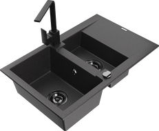 Mexen Gaspar granite sink 1.5-bowl with drainer and Rita kitchen tap, black speckled - 6507-76-670300-70-B
