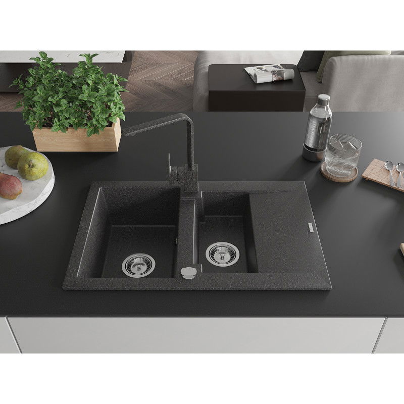 Mexen Gaspar granite sink 1.5-bowl with drainer and kitchen tap Rita, black speckled - 6507-76-670300-76
