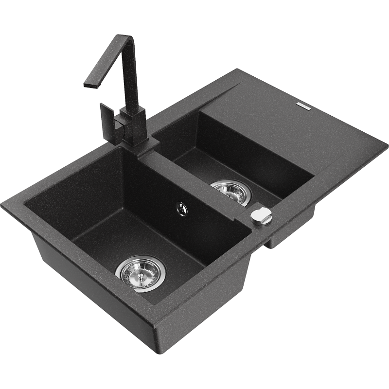 Mexen Gaspar 1.5-compartment granite sink with a drip tray and kitchen mixer tap Rita, spotted black - 6507-76-670300-76