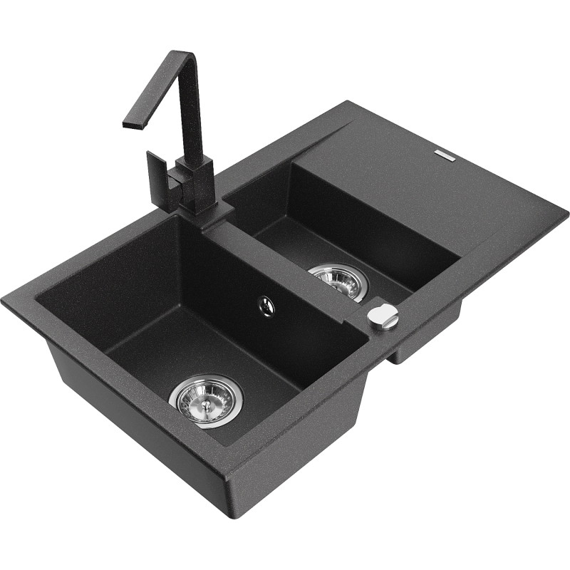 Mexen Gaspar granite sink 1.5-bowl with drainer and Rita kitchen faucet, speckled black - 6507-76-670300-76