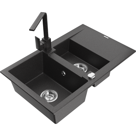 Mexen Gaspar granite sink 1.5-bowl with drainer and kitchen faucet Rita, black speckled - 6507-76-670300-76