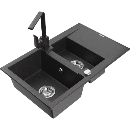 Mexen Gaspar granite sink 1.5-bowl with drainer and kitchen tap Rita, black speckled - 6507-76-670300-76