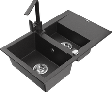 Mexen Gaspar granite sink 1.5-bowl with drainer and kitchen tap Rita, black speckled - 6507-76-670300-76