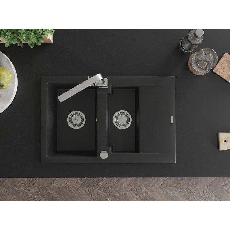 Mexen Gaspar granite sink 1.5-bowl with drainer and Rita kitchen tap, black - 6507-77-670300-00