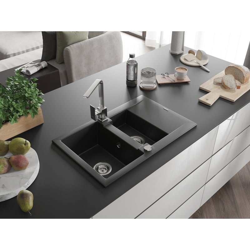 Mexen Gaspar 1.5-bowl granite sink with drainer and Rita kitchen faucet, black - 6507-77-670300-00