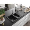 Mexen Gaspar 1.5-bowl granite sink with drainer and Rita kitchen faucet, black - 6507-77-670300-00