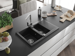 Mexen Gaspar 1.5-bowl granite sink with drainer and Rita kitchen faucet, black - 6507-77-670300-00