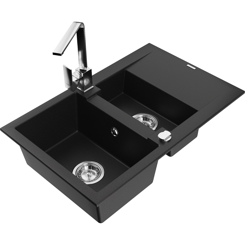 Mexen Gaspar 1.5-compartment granite sink with a drip tray and kitchen mixer tap Rita, Black - 6507-77-670300-00