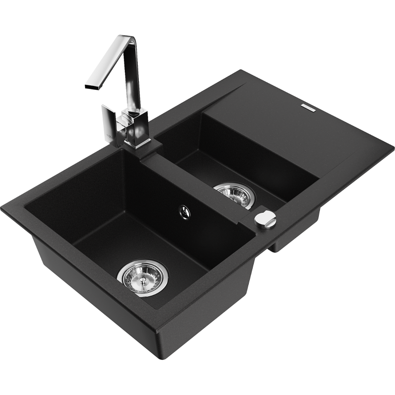 Mexen Gaspar granite sink 1.5-bowl with drainer and Rita kitchen tap, black - 6507-77-670300-00
