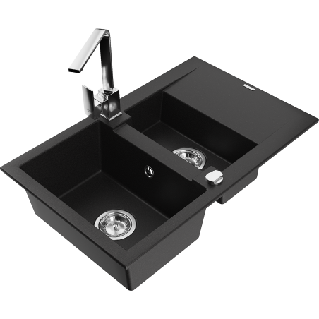 Mexen Gaspar 1.5-bowl granite sink with drainer and Rita kitchen faucet, black - 6507-77-670300-00