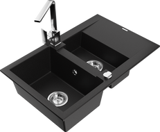 Mexen Gaspar 1.5-bowl granite sink with drainer and Rita kitchen faucet, black - 6507-77-670300-00