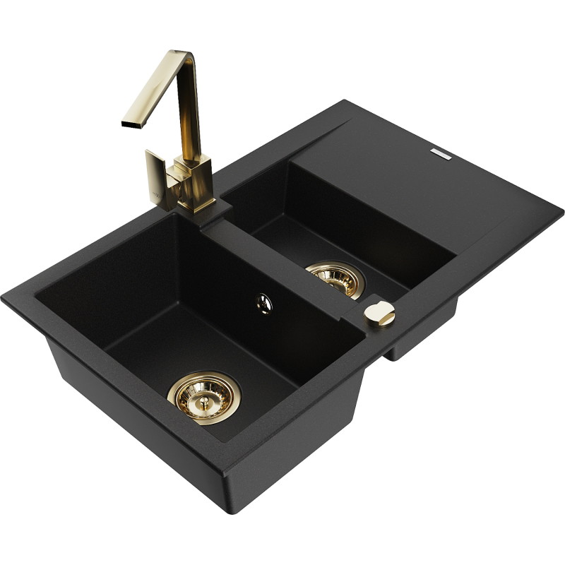 Mexen Gaspar granite kitchen sink 1.5-bowl with drainer and kitchen faucet Rita, black - 6507-77-670300-50
