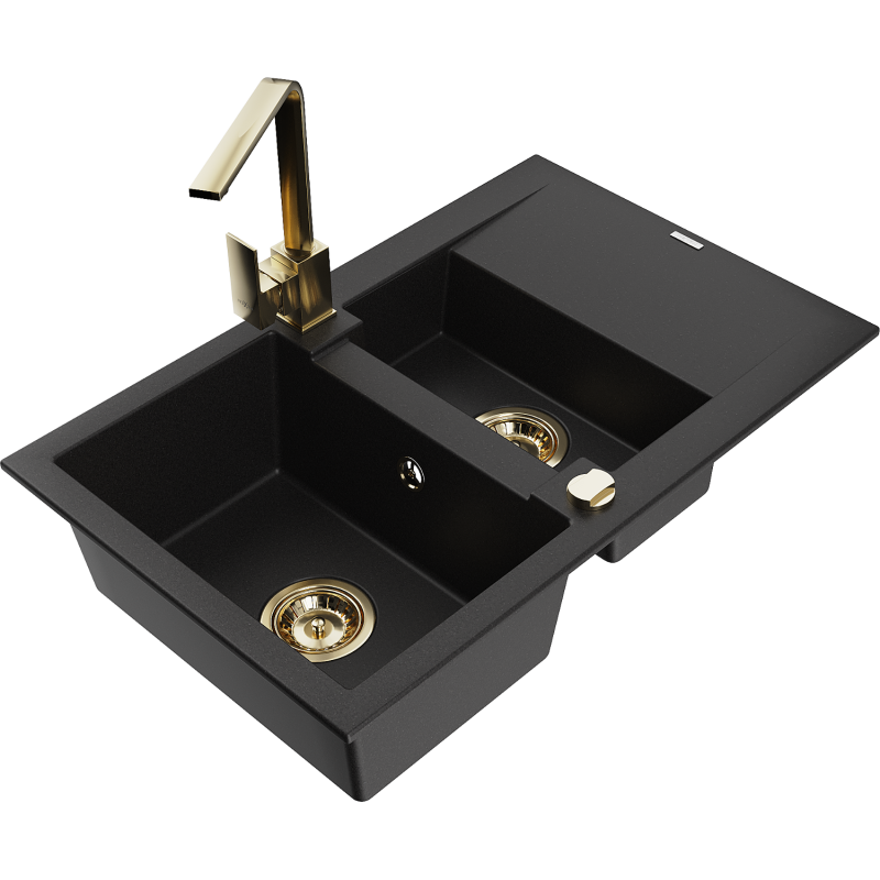 Mexen Gaspar granite sink with 1.5 bowls and drainer, kitchen tap Rita, black - 6507-77-670300-50