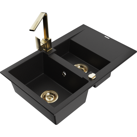 Mexen Gaspar granite kitchen sink 1.5-bowl with drainer and kitchen faucet Rita, black - 6507-77-670300-50