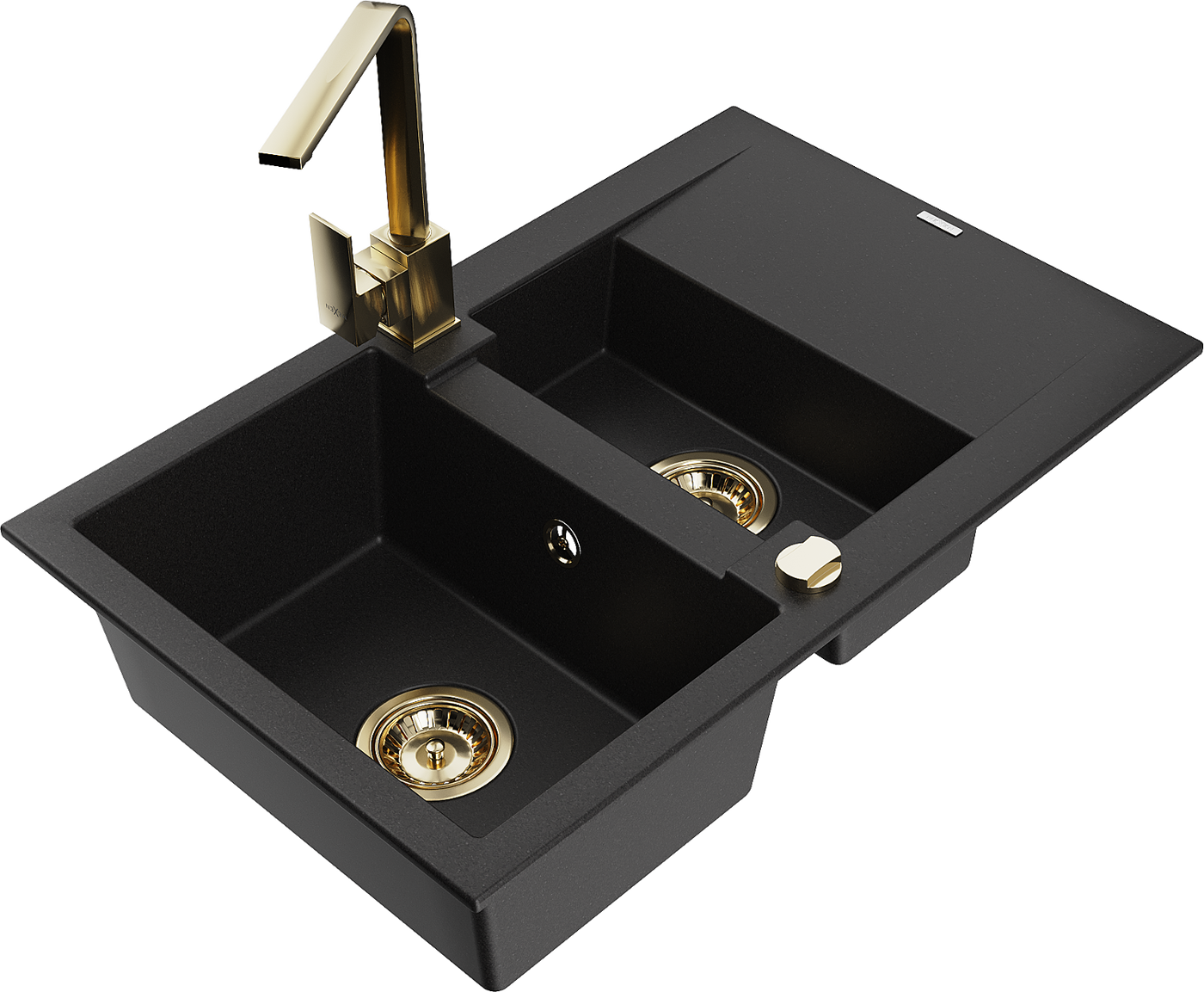 Mexen Gaspar 1.5-compartment granite sink with a drip tray and kitchen mixer tap Rita, Black - 6507-77-670300-50