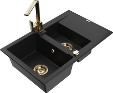 Mexen Gaspar granite sink with 1.5 bowls and drainer, kitchen tap Rita, black - 6507-77-670300-50