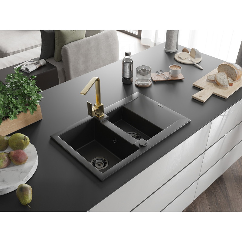 Mexen Gaspar granite sink 1.5-bowl with drainer and kitchen faucet Rita, black - 6507-77-670300-50-B