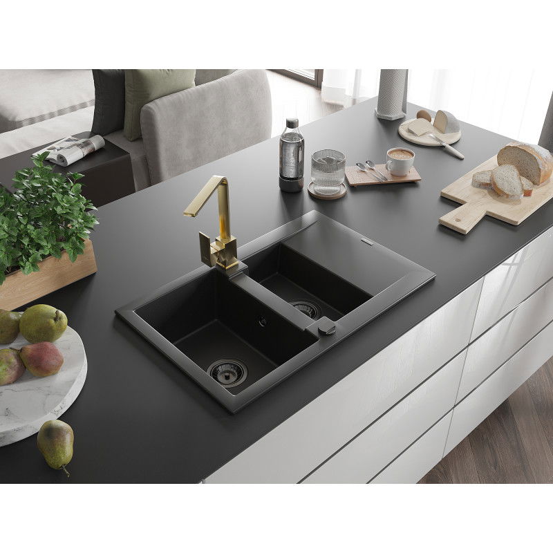 Mexen Gaspar granite sink 1.5-bowl with drainer and Rita kitchen tap, black - 6507-77-670300-50-B