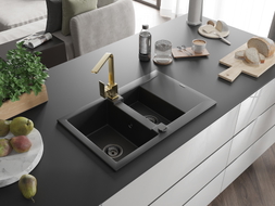 Mexen Gaspar granite sink 1.5-bowl with drainer and kitchen faucet Rita, black - 6507-77-670300-50-B