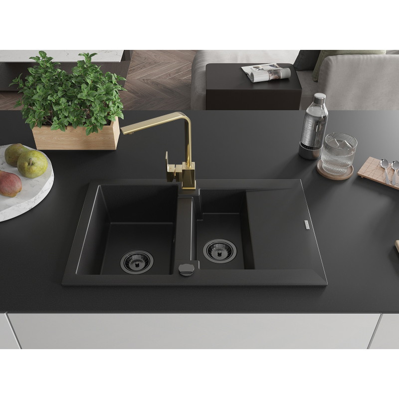 Mexen Gaspar granite sink 1.5-bowl with drainer and kitchen faucet Rita, black - 6507-77-670300-50-B