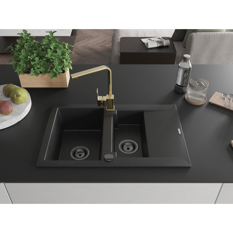 Mexen Gaspar granite sink 1.5-bowl with drainer and Rita kitchen tap, black - 6507-77-670300-50-B