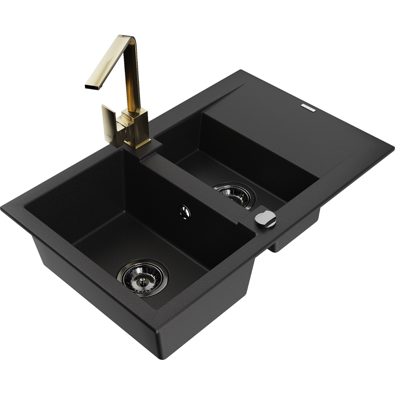 Mexen Gaspar 1.5-compartment granite sink with a drip tray and kitchen mixer tap Rita, Black - 6507-77-670300-50-B