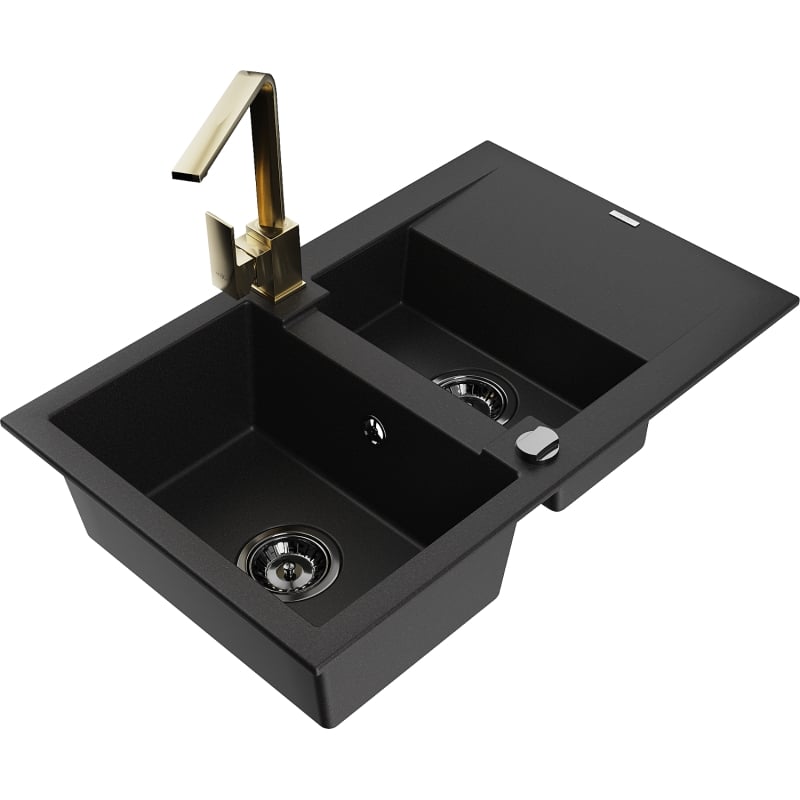 Mexen Gaspar granite sink 1.5-bowl with drainer and kitchen faucet Rita, black - 6507-77-670300-50-B