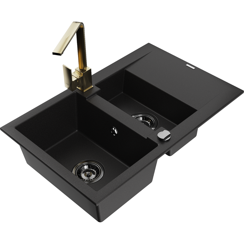 Mexen Gaspar granite sink 1.5-bowl with drainer and Rita kitchen tap, black - 6507-77-670300-50-B