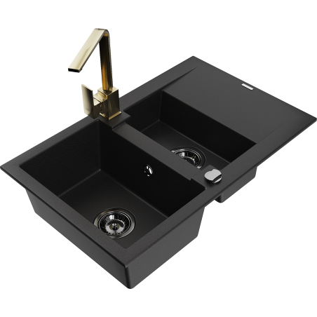 Mexen Gaspar 1.5-compartment granite sink with a drip tray and kitchen mixer tap Rita, Black - 6507-77-670300-50-B