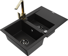 Mexen Gaspar granite sink 1.5-bowl with drainer and Rita kitchen tap, black - 6507-77-670300-50-B
