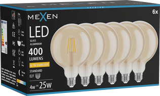 Mexen Vintis 6x LED Filament Bulb E27, G125, 4W, Warm - 2200K, 400 lm, amber - L158-E27-0422-50x06
