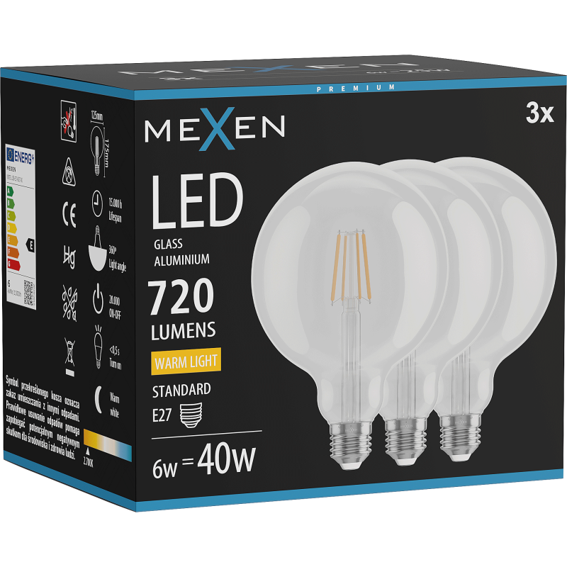Mexen Vintis 3x LED filament bulb E27, G125, 6W, Warm - 2700K, 720 lm, clear - L158-E27-0627-00x03