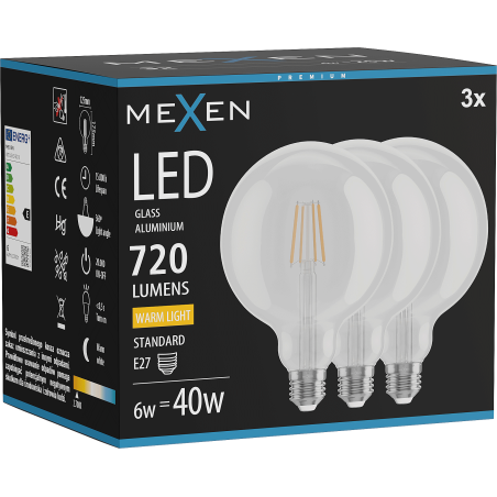 Mexen Vintis 3x LED filament bulb E27, G125, 6W, Warm - 2700K, 720 lm, clear - L158-E27-0627-00x03