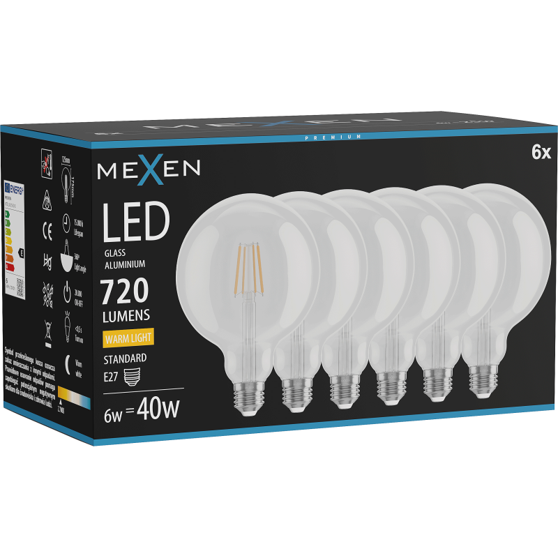Mexen Vintis 6x LED Filament Bulb E27, G125, 6W, Warm - 2700K, 720 lm, clear - L158-E27-0627-00x06