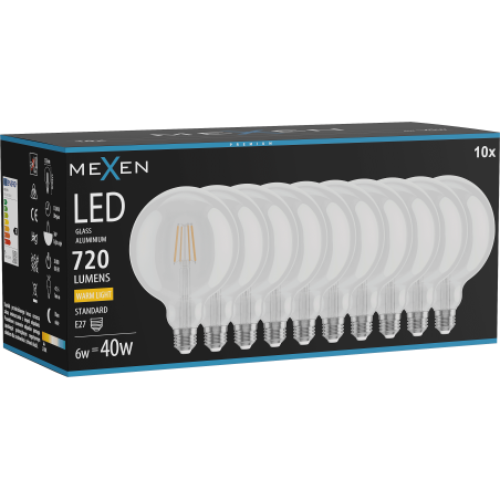 Mexen Vintis 10x LED Filament Bulb E27, G125, 6W, Warm - 2700K, 720 lm, clear - L158-E27-0627-00x10