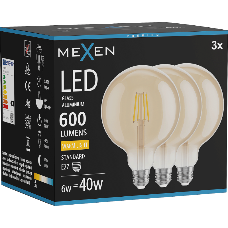 Mexen Vintis 3x LED Filament Bulb E27, G125, 6W, Warm - 2700K, 600 lm, amber - L158-E27-0627-50x03