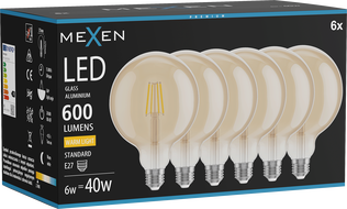 Mexen Vintis 6x LED Filament Bulb E27, G125, 6W, Warm - 2700K, 600 lm, amber - L158-E27-0627-50x06