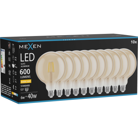 Mexen Vintis 10x LED Filament Bulb E27, G125, 6W, Warm - 2700K, 600 lm, amber - L158-E27-0627-50x10