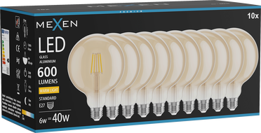 Mexen Vintis 10x LED Filament Bulb E27, G125, 6W, Warm - 2700K, 600 lm, amber - L158-E27-0627-50x10